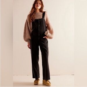 Free People Fields Of Flowers Wide-Leg Denim Overalls In Vintage Black Medium